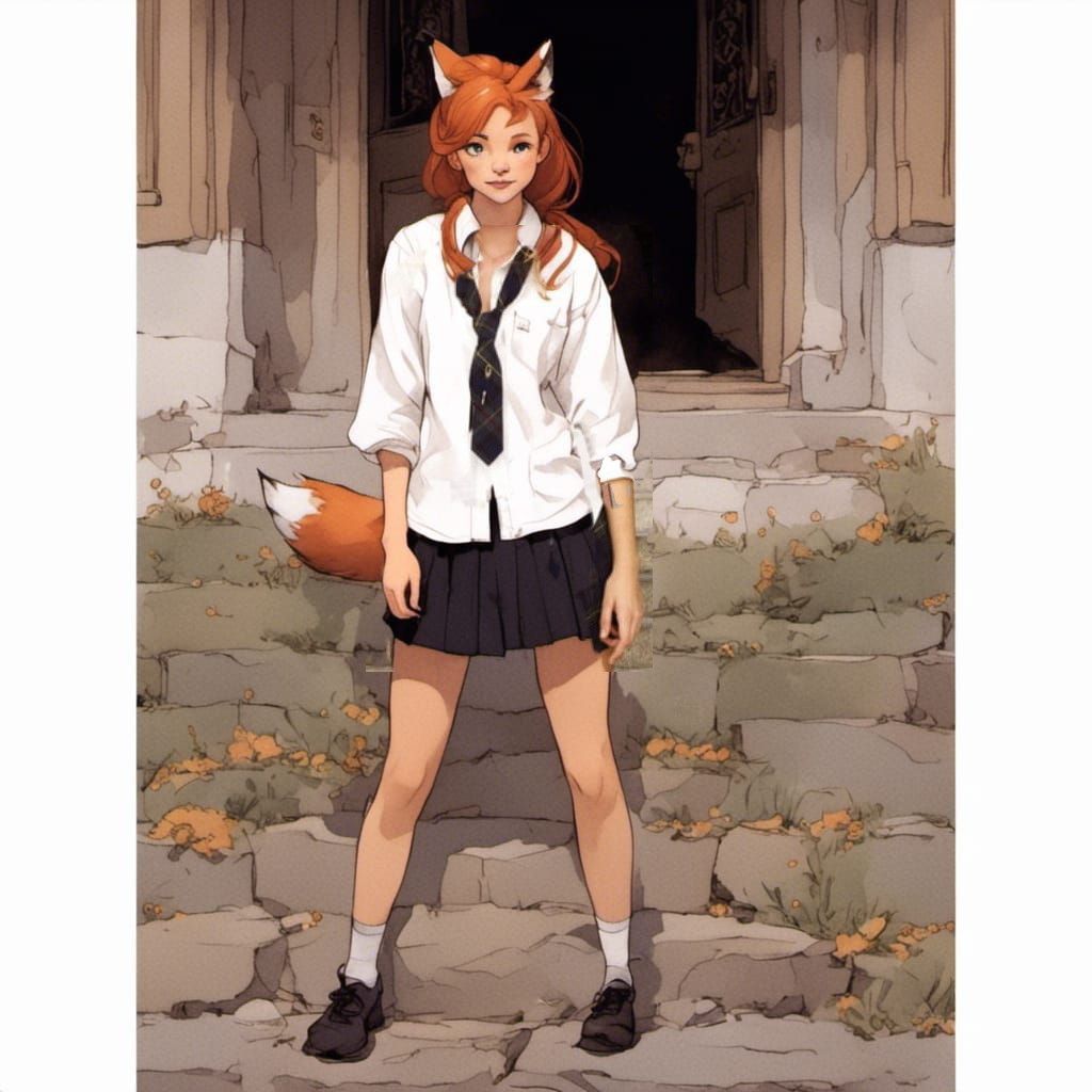 Adorable Fox-girl VIXEN wearing a sloppy catholic school uni...