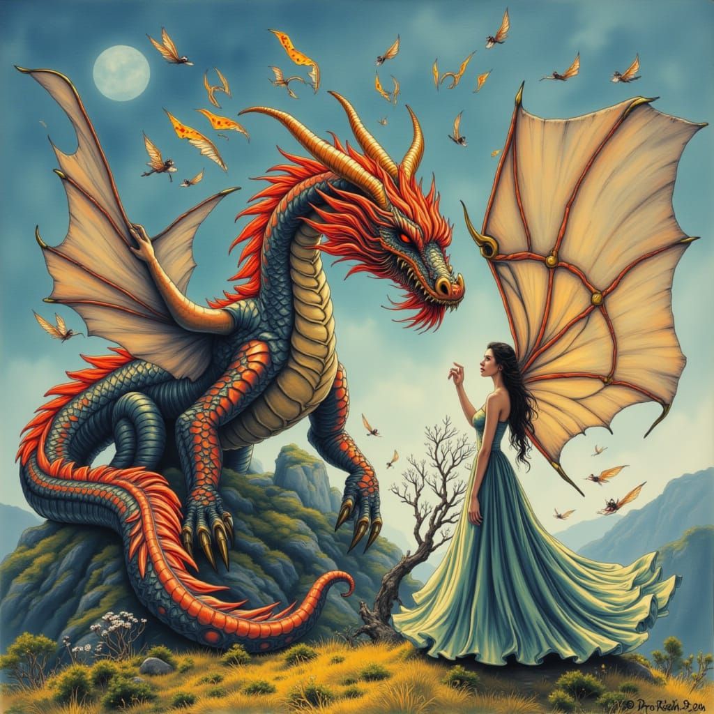 the damsel with her dragon guardian in detail, colorful <lora:Calligraphy Style:1.0>