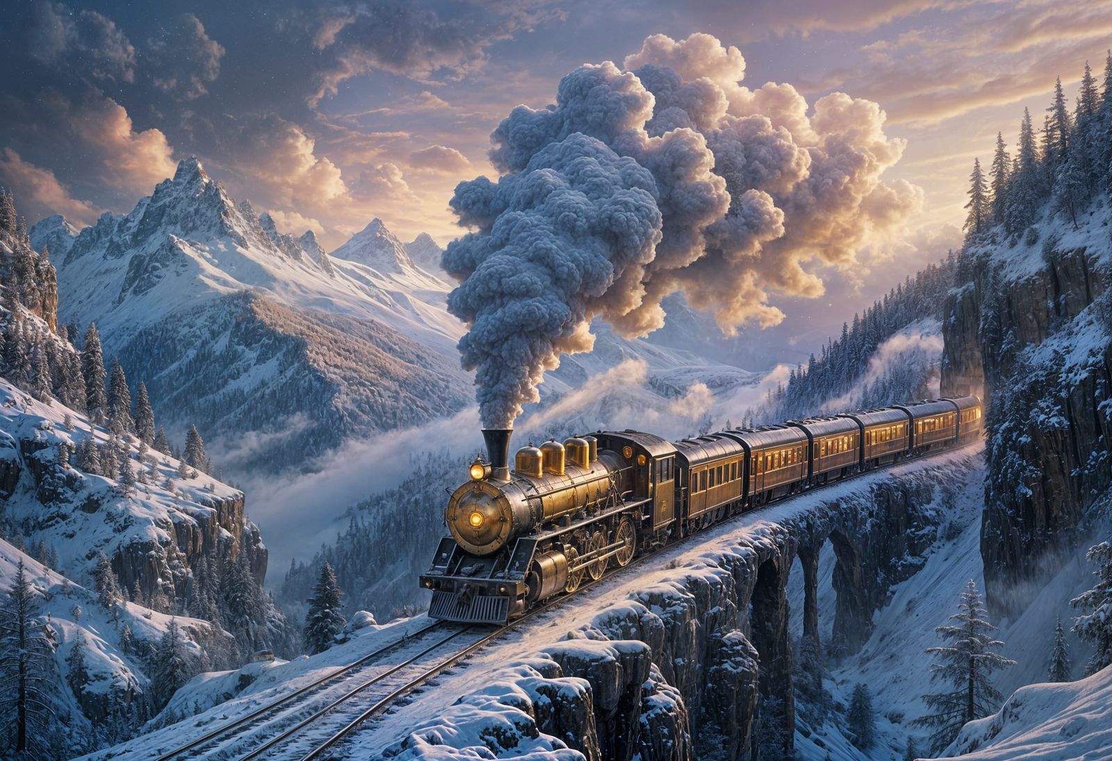 A shimmering golden steam train winds its way along a narrow track perched high on a dazzling, snow-covered ...  by @Pibse2