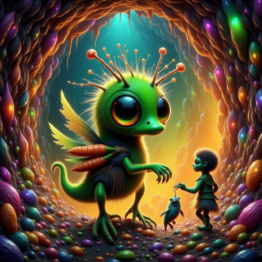 Surreal Grasshopper Creature on Child's Hand
A striking picture of a grasshopper-like creature with textured green and brown skin. The insec...