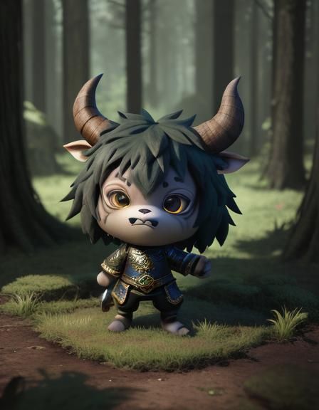 3D art, anthropomorphic chibi Minotaur, background is a magi...