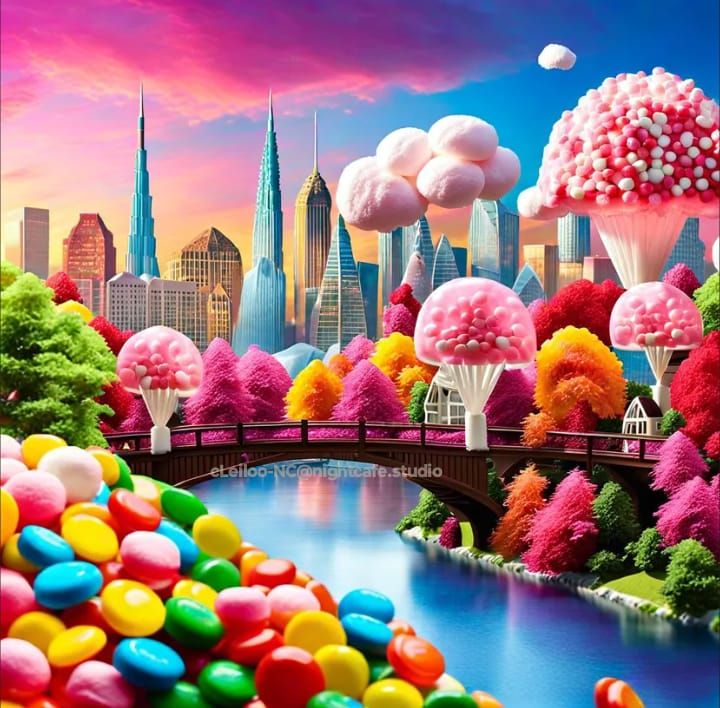 Candy Countryside with sorbet trees and chocolate bridge