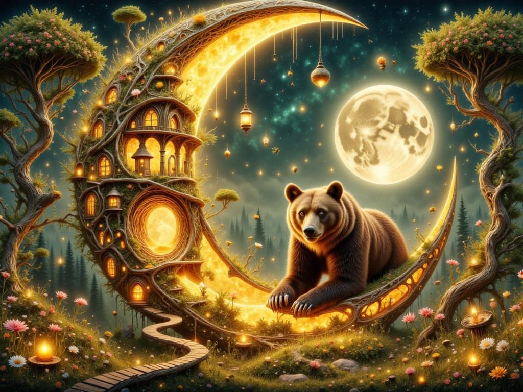 <lora:FiosCrescentMoons:1.0>  Intricate fantasy contented brown bear nestled within a luminous crescent moon, summer afternoon scene with a...
