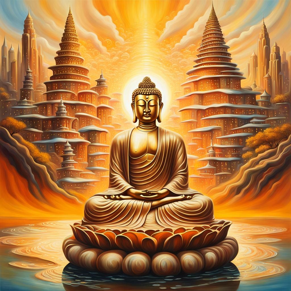 Buddha in Dreamlike Cityscape: Surrealist Oil Painting
