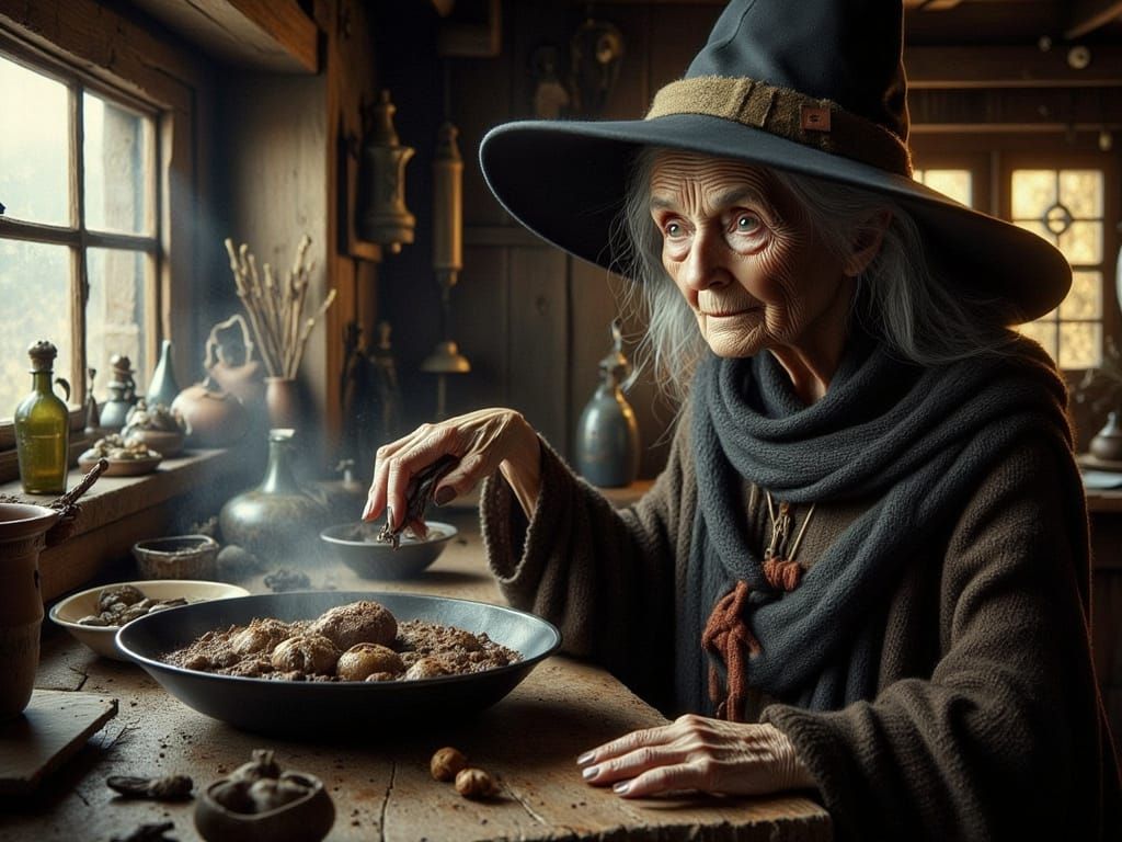 Cozy Witch's Kitchen with Toad and Cauldron