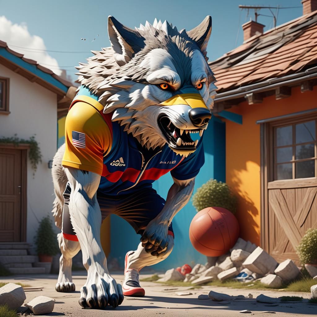 an anthropomorphic olympian wolf, wearing sports gear, tryin...