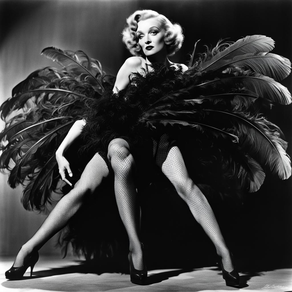 Marlene Dietrich burlesque fishnet stockings feathers fan
