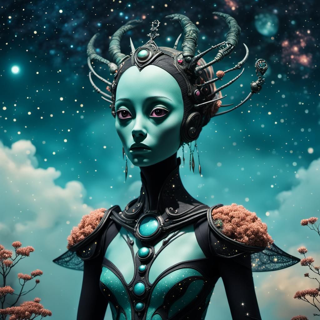 Beautiful Alien princess standing in a nighttime scene with stars and nebulas. Inspired by Tim Burton and Hayao Miyazaki. dreamlike, fantast...