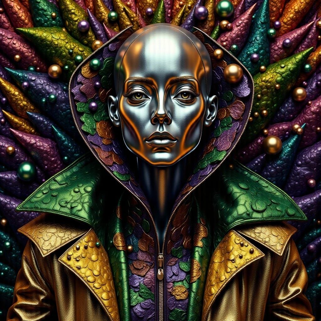 <lora:Metallica:1.0> An illustration, a fantasy illustration surrealist of a Winter's creature made of metallic fabric and little pieces of...