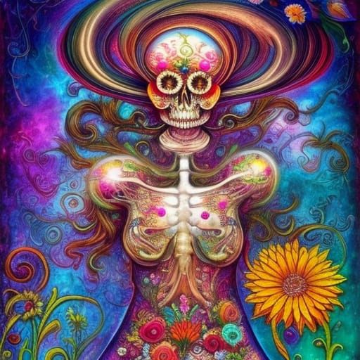 Bone glowing transparent skull on woman's full body  and mus...