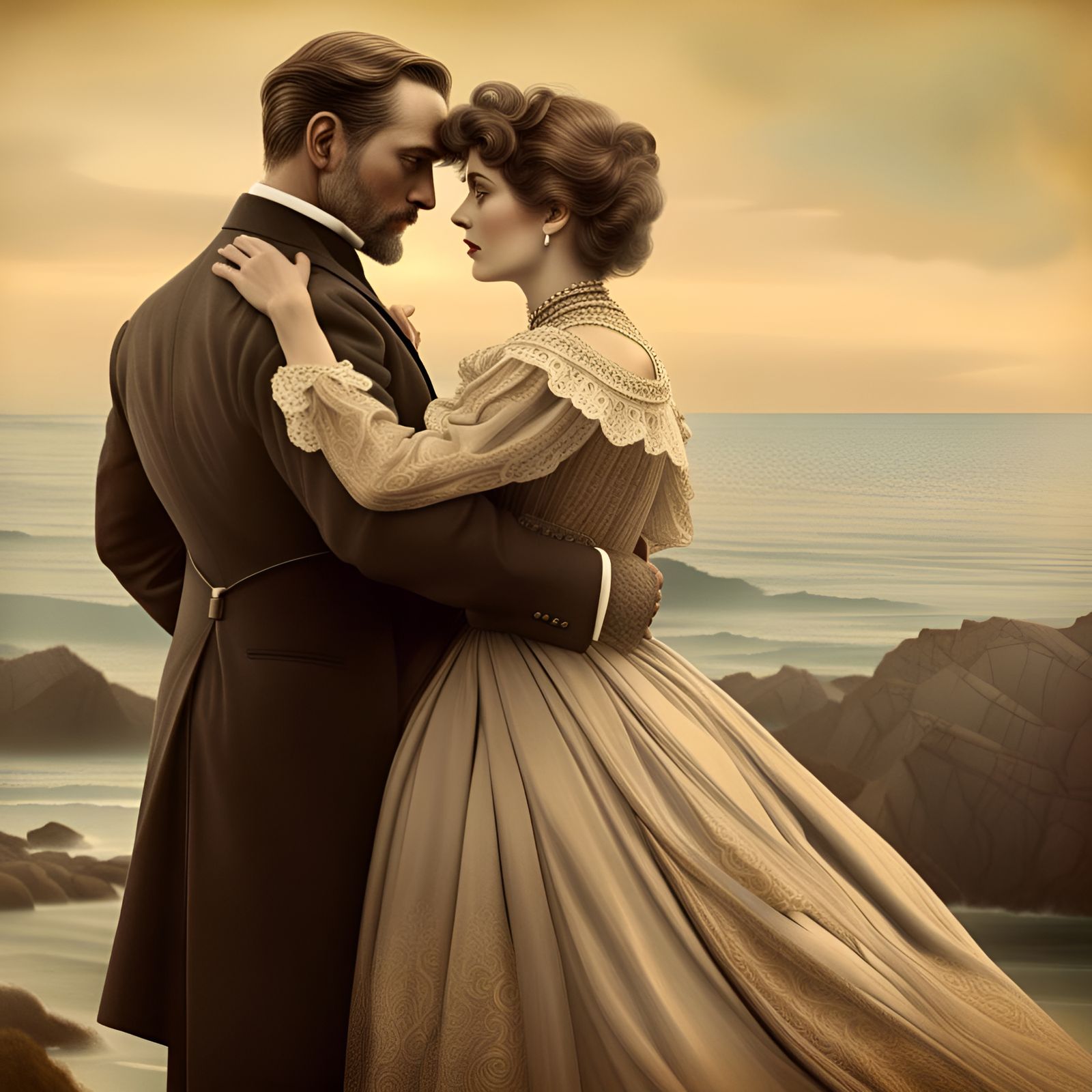 a wife and husband hugging detailed matte painting digital illustration 1900s photograph elegant seascape ...  by @Patsy 