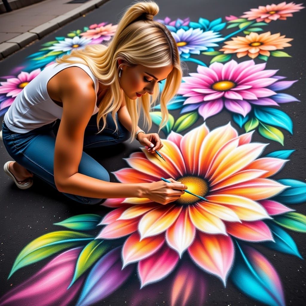 <lora:Street Art Fx:1.0> Blond woman engaged in sketching a vibrant bloom on an asphalt canvas, chalk art style, heavy strokes imbuing life...