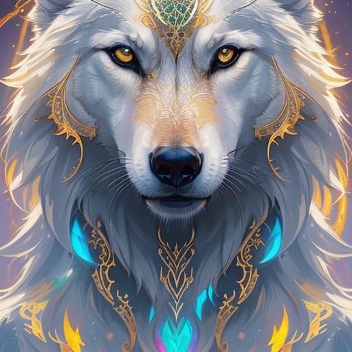uminous colors, golden outlines, portrait of a white wolf, highly ...
