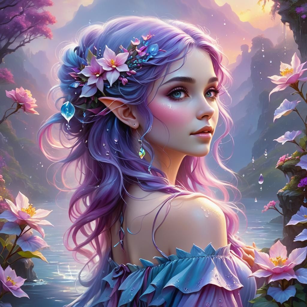 Ethereal Elf Girl with Flowers: Detailed Fantasy Painting