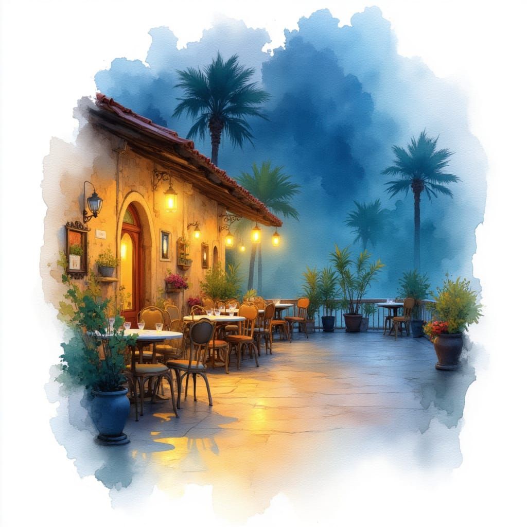 <lora:Watercolor on White:1.0>
A café terrace at night illuminated by lanterns, a watercolor illustration with soft glowing washes, edges d...