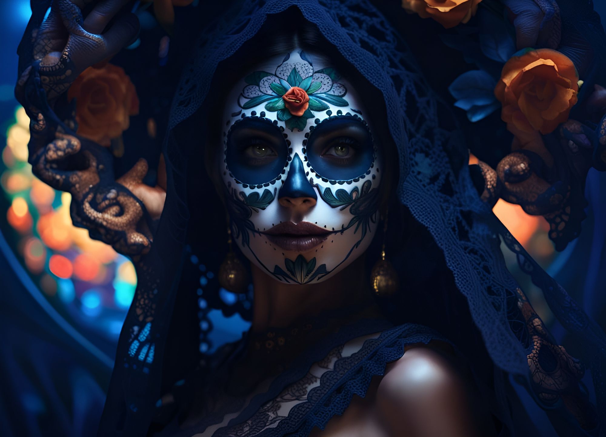 Woman in mexican day of dead costume and catrina makeup AI