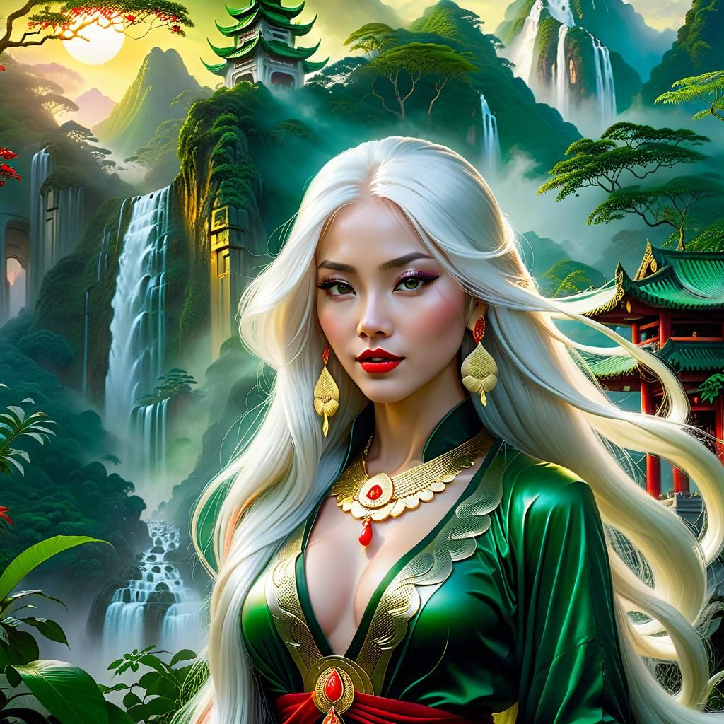 Chinese woman with white long hair in the jungle near a temp...