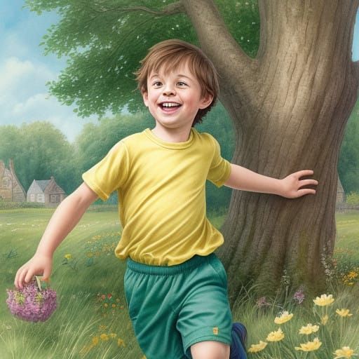 Joyful Boy Explores Whimsical Garden in Vibrant Watercolor S...