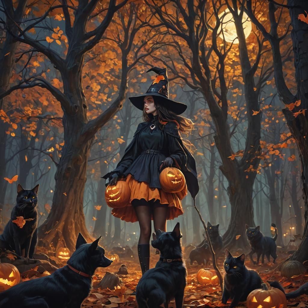 Whimsical Witch in Spooky Autumn Forest: Impressionist Digit...