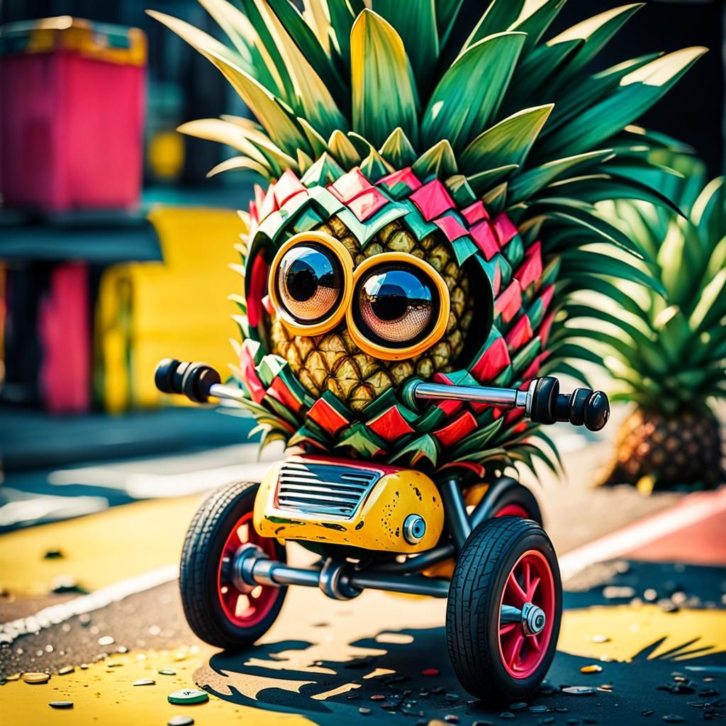 whimsical chibi pineapple with eyes on a one wheel bike with a helmet ...