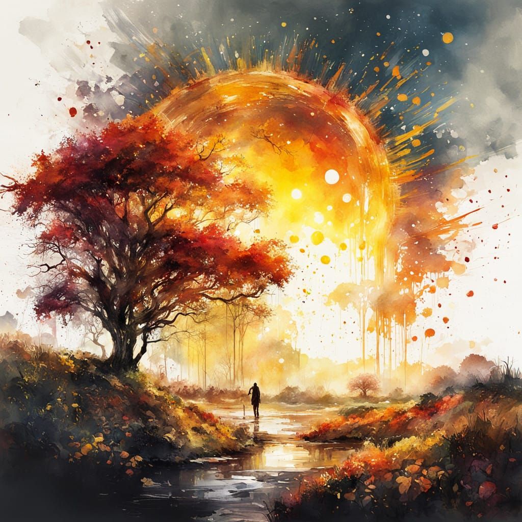 Beautiful huge sun, a magnificent lush summerscape, with beautiful rivers and valleys, waterfalls, flowers, ...  by @Andy Does AI