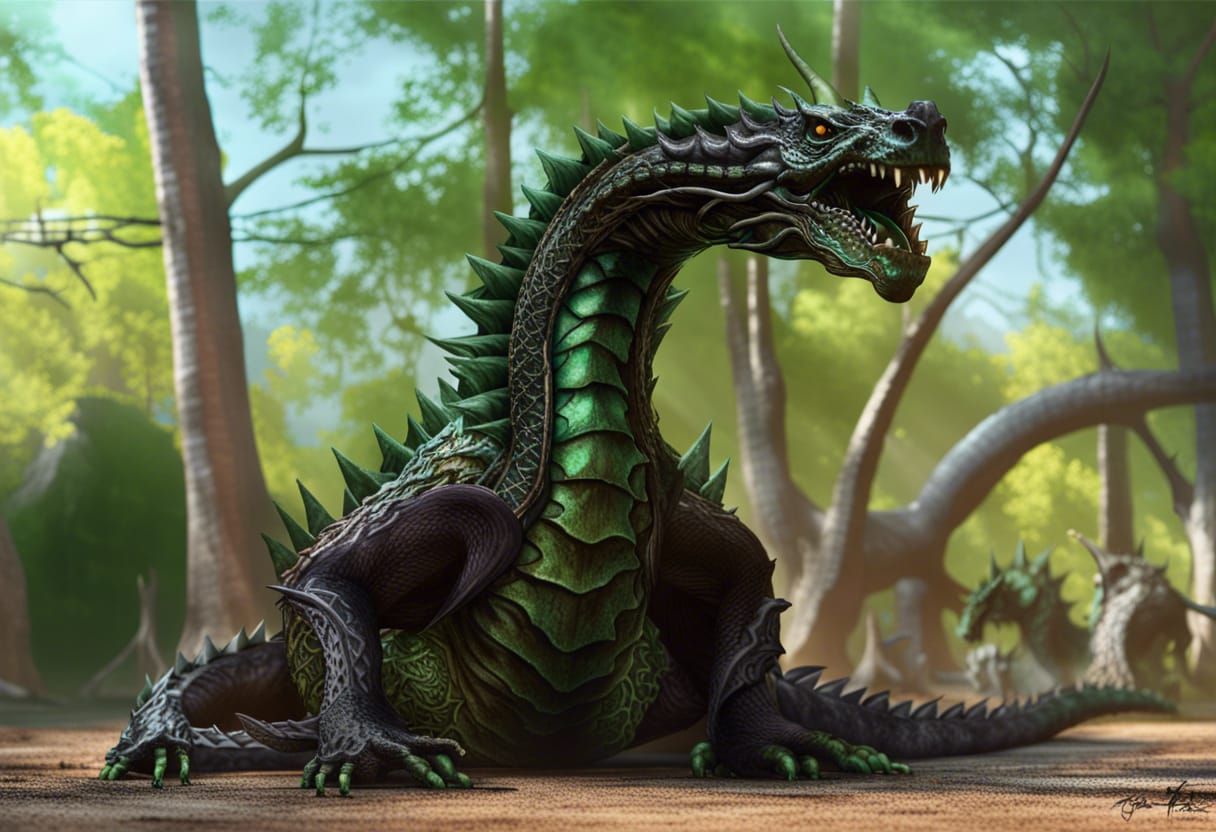 3 headed hydra ,3 heads, giant beast, dragon, black and emerald green, evil forest, bone yard, obsidian eyes, a masterpiece, 8k resolution,...