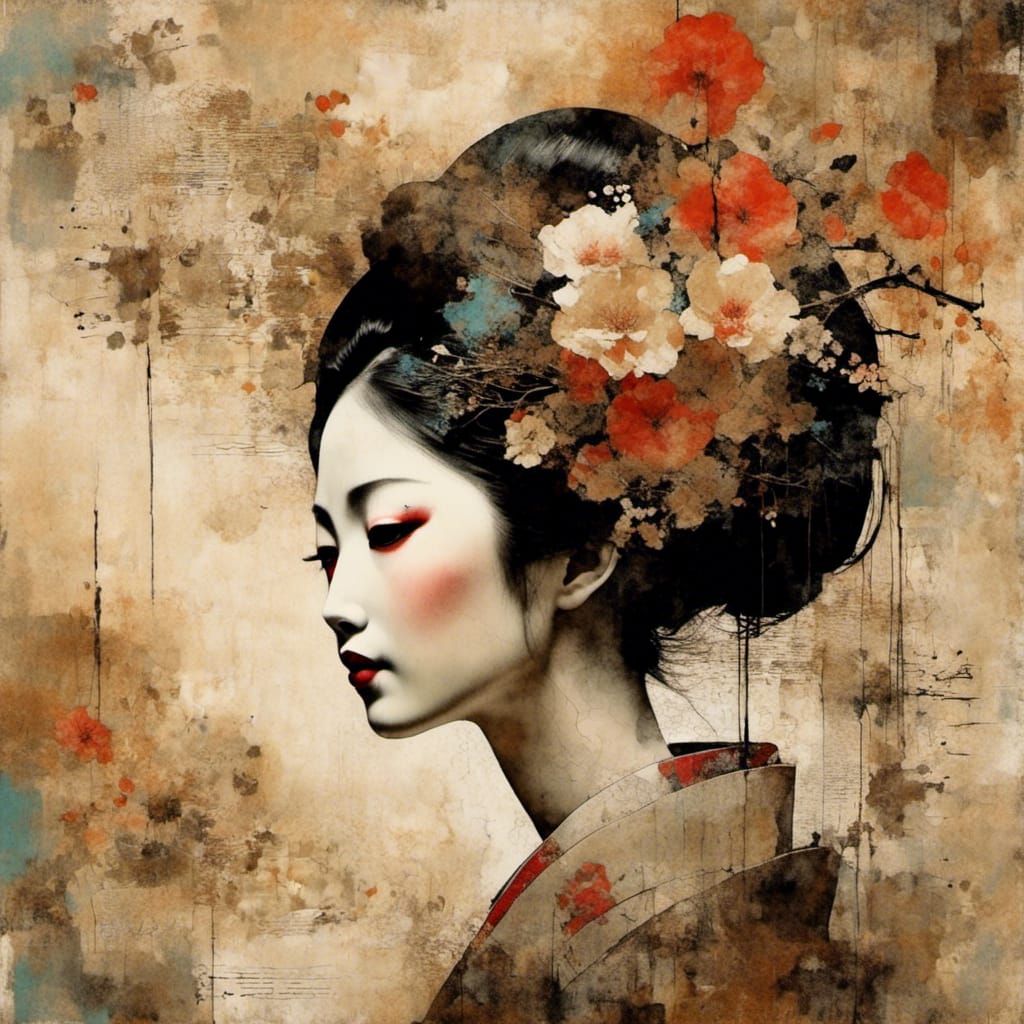 Geisha Portrait in Mixed Media Collage Style
