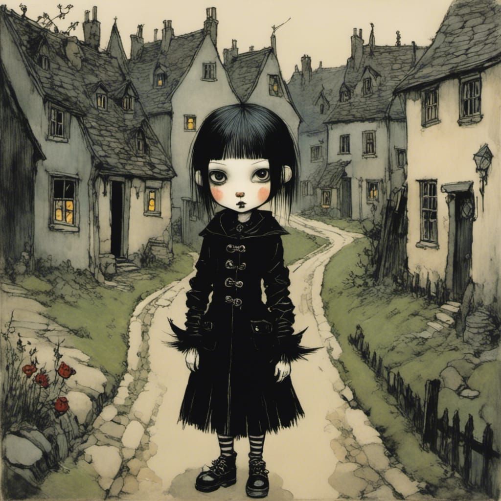 A goth punk girl in a village by Tomi Ungerer <lora:Goth Punk Girl:1.0> -  AI Generated Artwork - NightCafe Creator