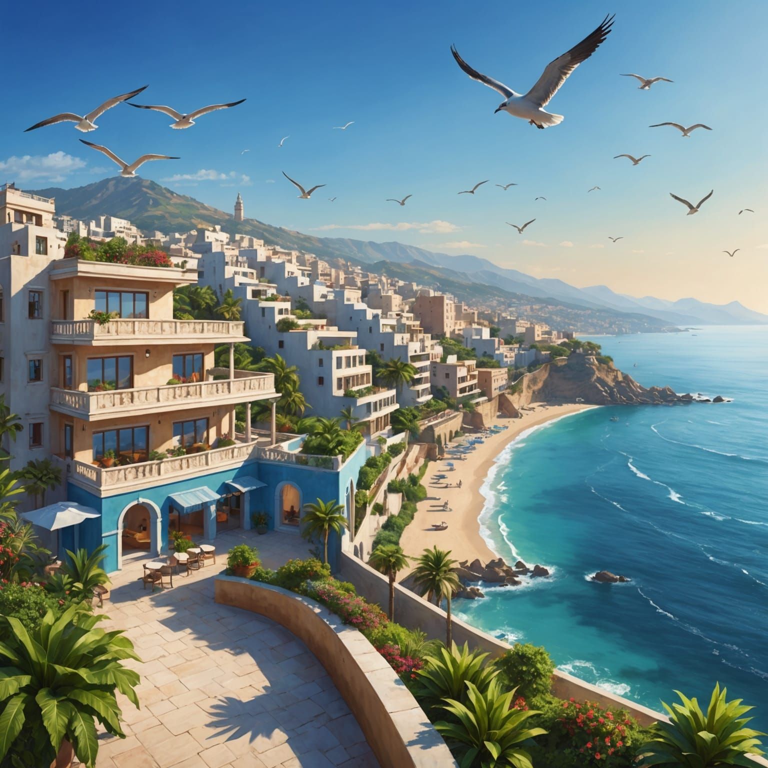 modern city, superb terraces, ancient Indian architecture, clear blue sky, medium greenery, morning light, mountains horizon, calm blue sea,...