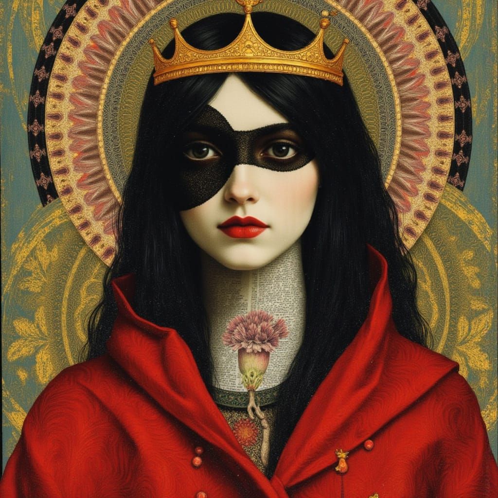 <lora:mixit:1.0> <lora:MJ Style:1.0> <lora:mmcollage:1.0> <lora:Scratch Art:1.0> Persephone crowned :: dressed in Red and black piercing_gaz...
