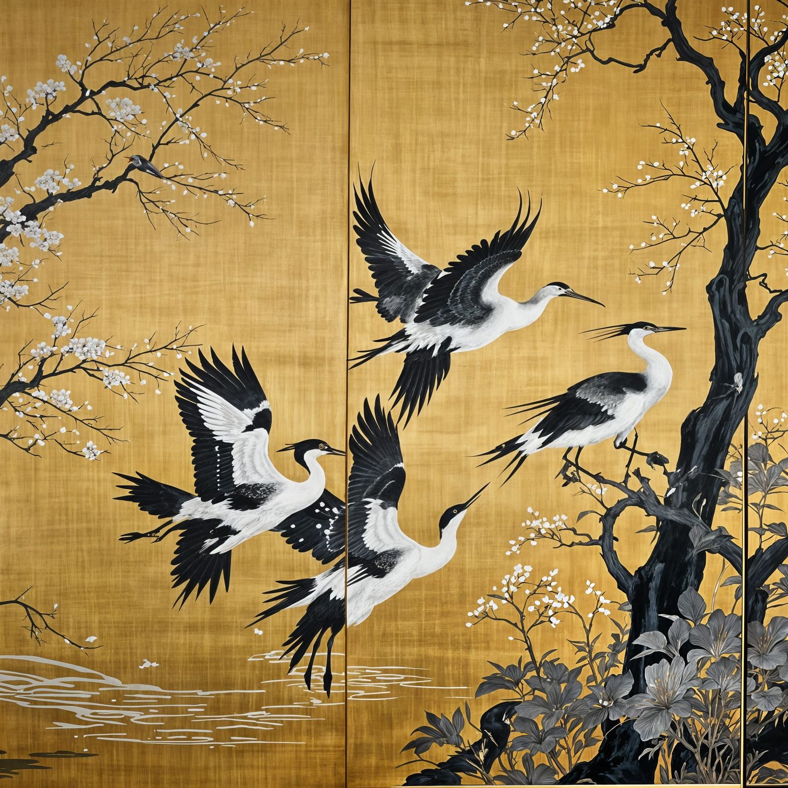 "Japanese black lacquer three panel screen with flying cranes in shades of gold and white in the style ...  by @Jano
