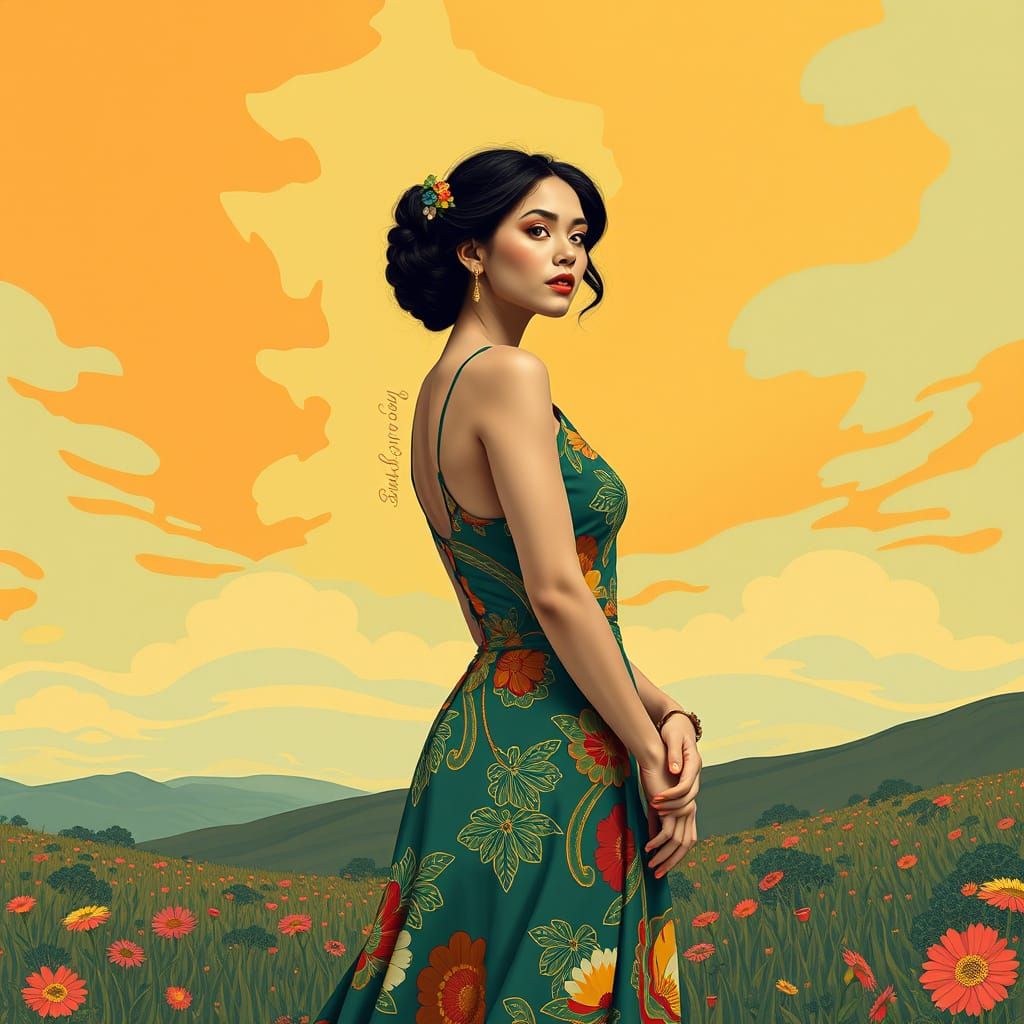 Elegant Woman in Vibrant Landscape with Whimsical Patterns