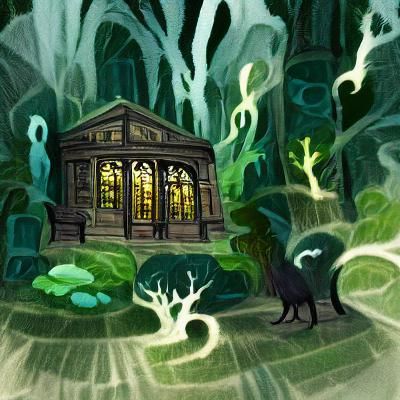 old Library in ancient forest of dark magic with whispy dark...