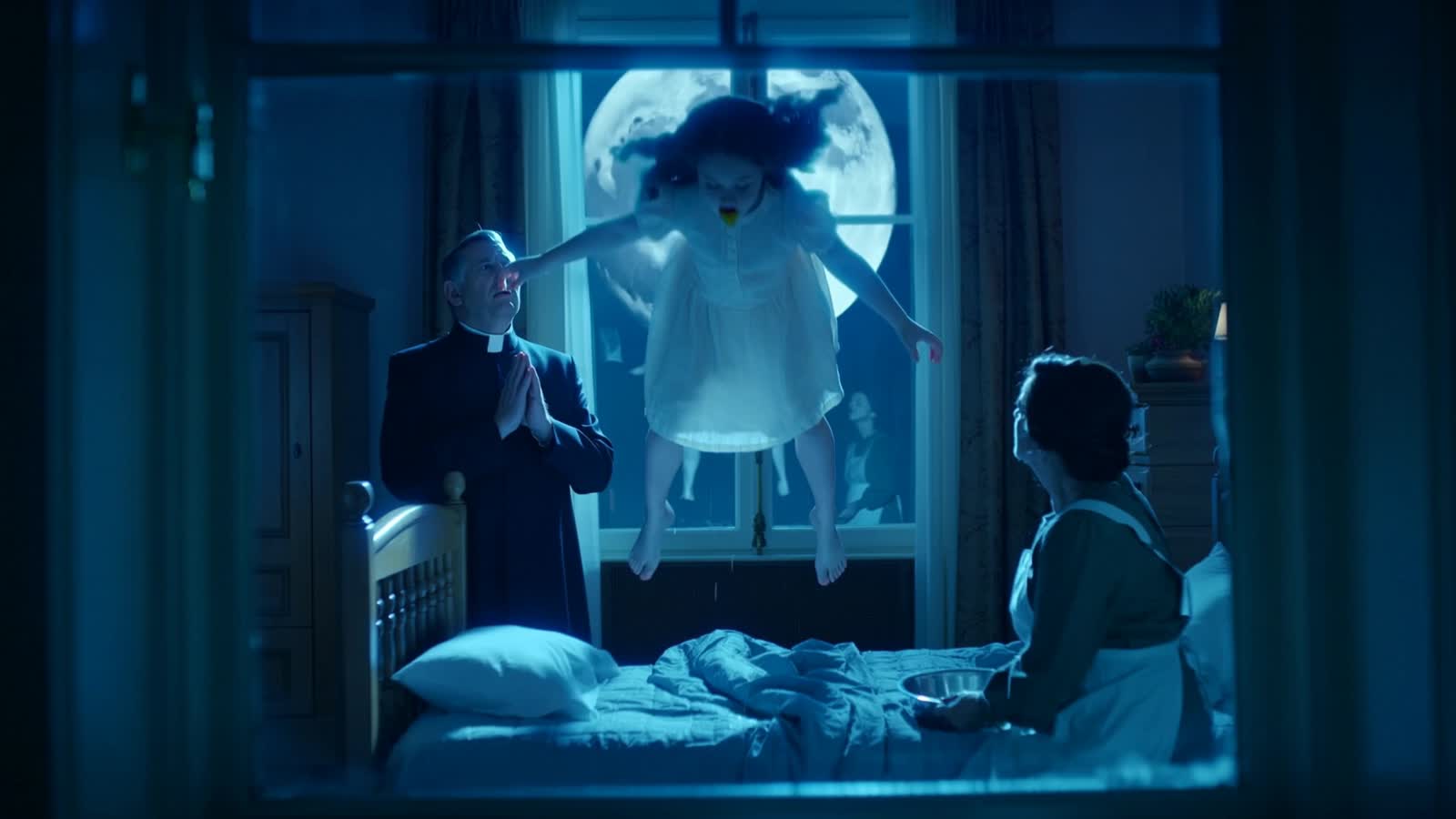 vivid,
photo quality,
The Exorcist, 
Her floating, a priest and a mother trying to help,
vomit,
seen out of a window, th...
