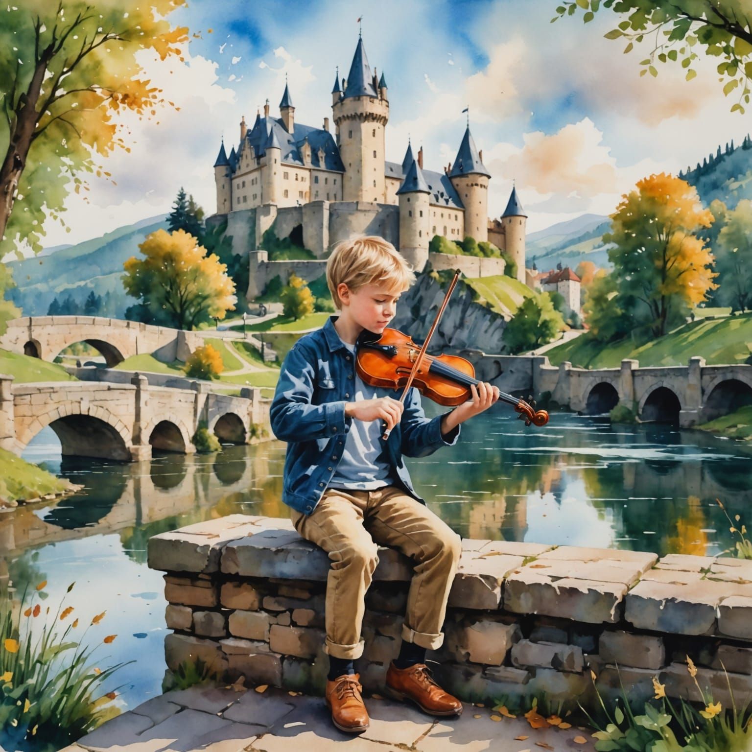 A blond boy sits on a bench and plays the violin, next to him is an old castle with stone steps, a river, a lake, water, a bridge, a splash ...