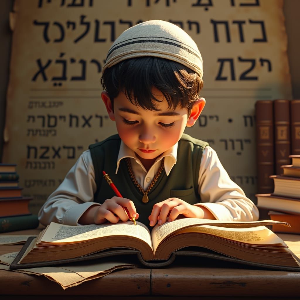Young Jewish Boy Studies Talmud in Golden Light
