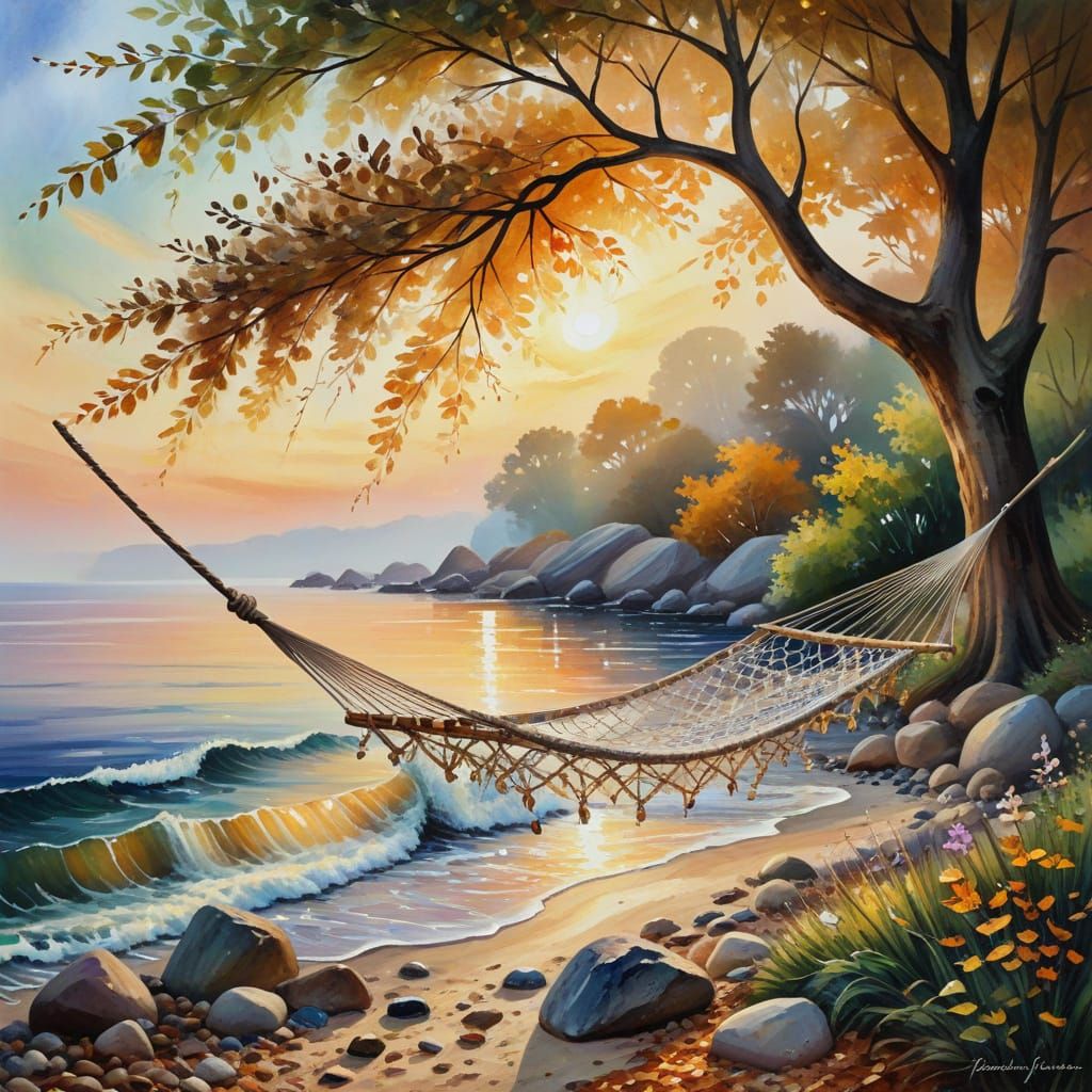 A hidden cove where gentle waves lap against a shore of smooth, pastel-colored pebbles. A single, ancient ...  by @Faydra6410