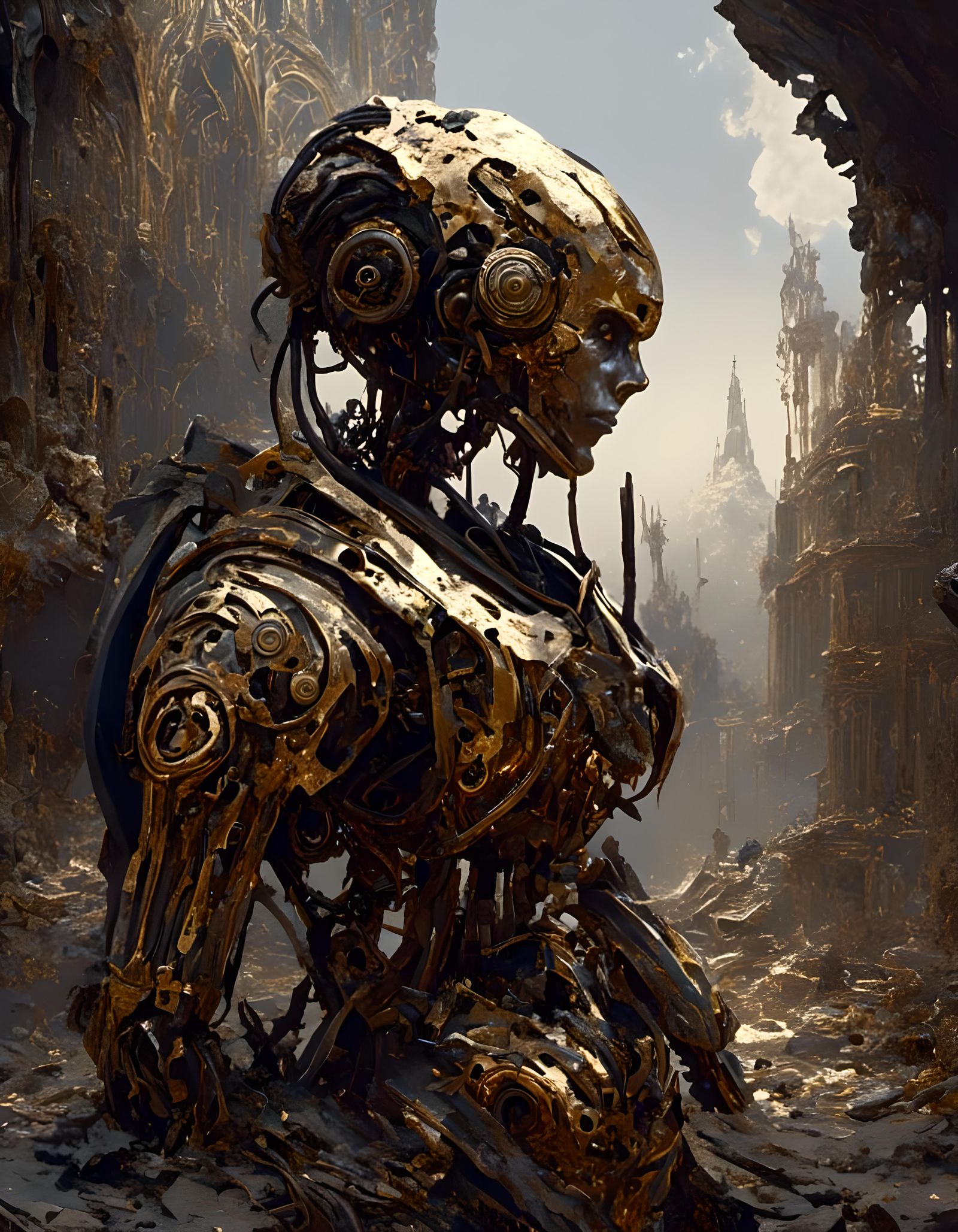 <lora:Coherent Otherwordly:1.0> a singular metal robot made of intricately carved gilded iron, brave and rough in dark style, Edwin Landseer...
