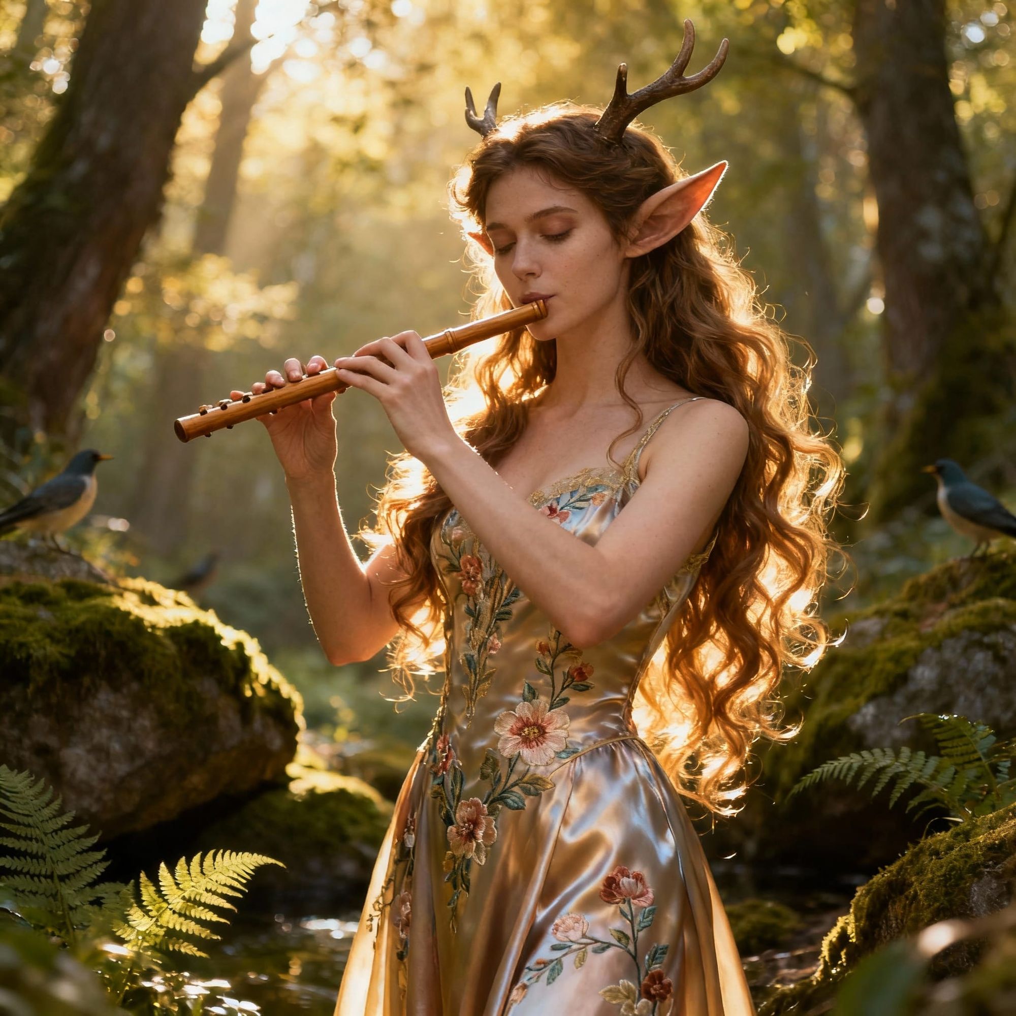  faun playing flute, lush forest,