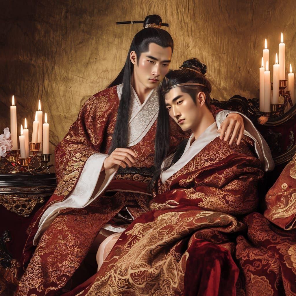 A gay Asian male couple, Emperor Ai of Han and his lover Dong Xian, are depicted in opulent, candlelit surroundings. Emperor Ai, with long h...