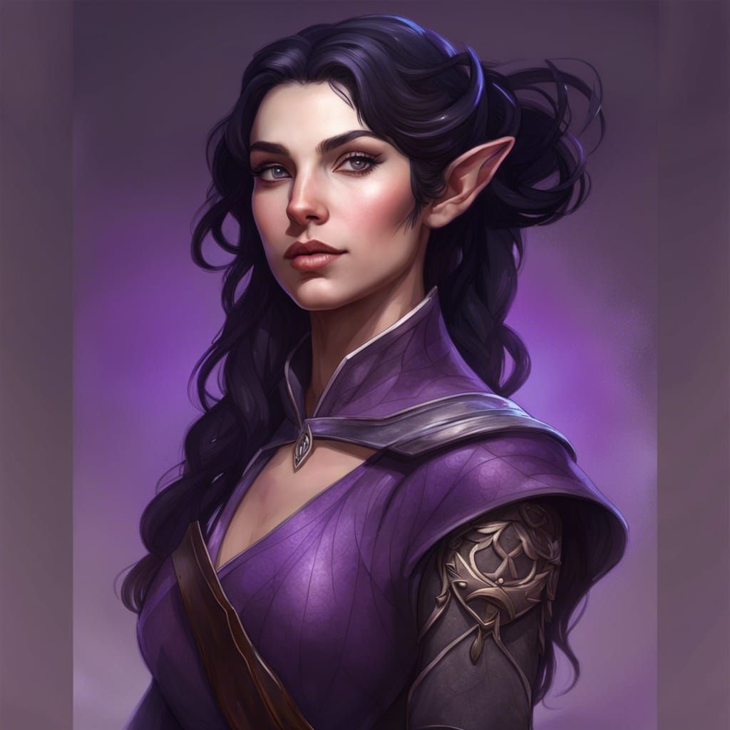 skin is a shade of purple, black hair, beautiful face, elven female ...