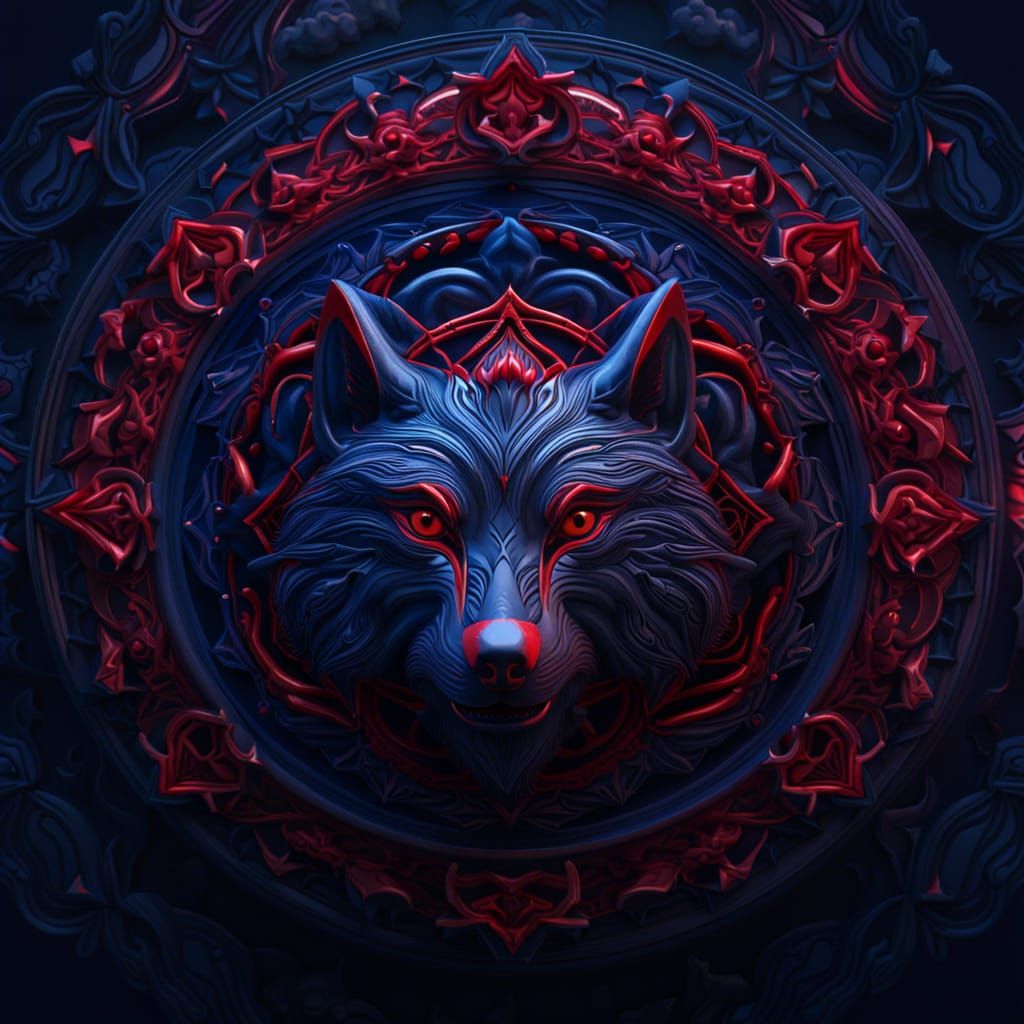 Tantric flowing wolf mandala in midnight blue and cherry red colors  by @Dessas1