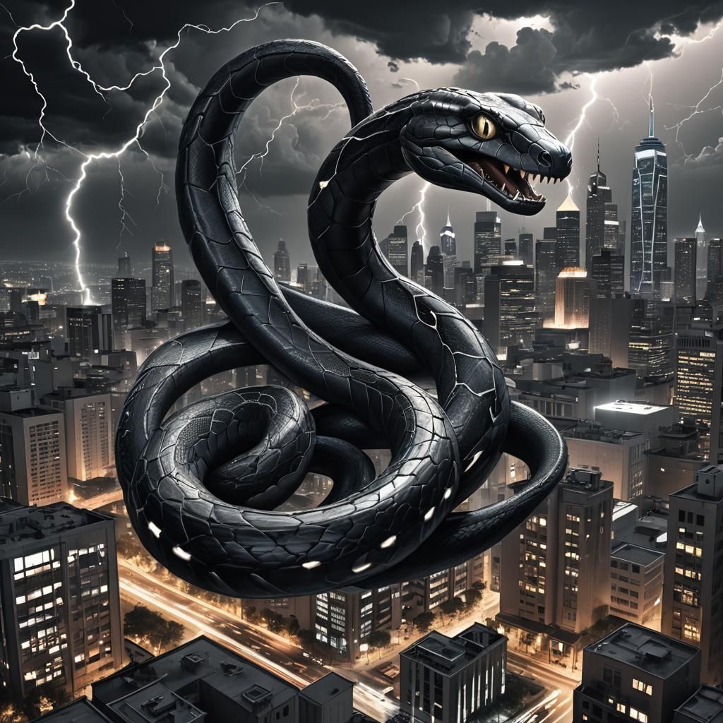 a black and white photo of a snake in a city with lightnings...