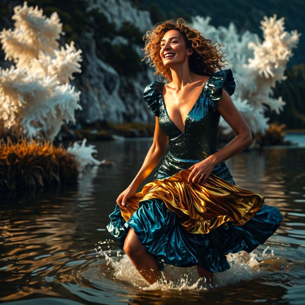Flamboyant Woman in Surreal Landscape Portrait