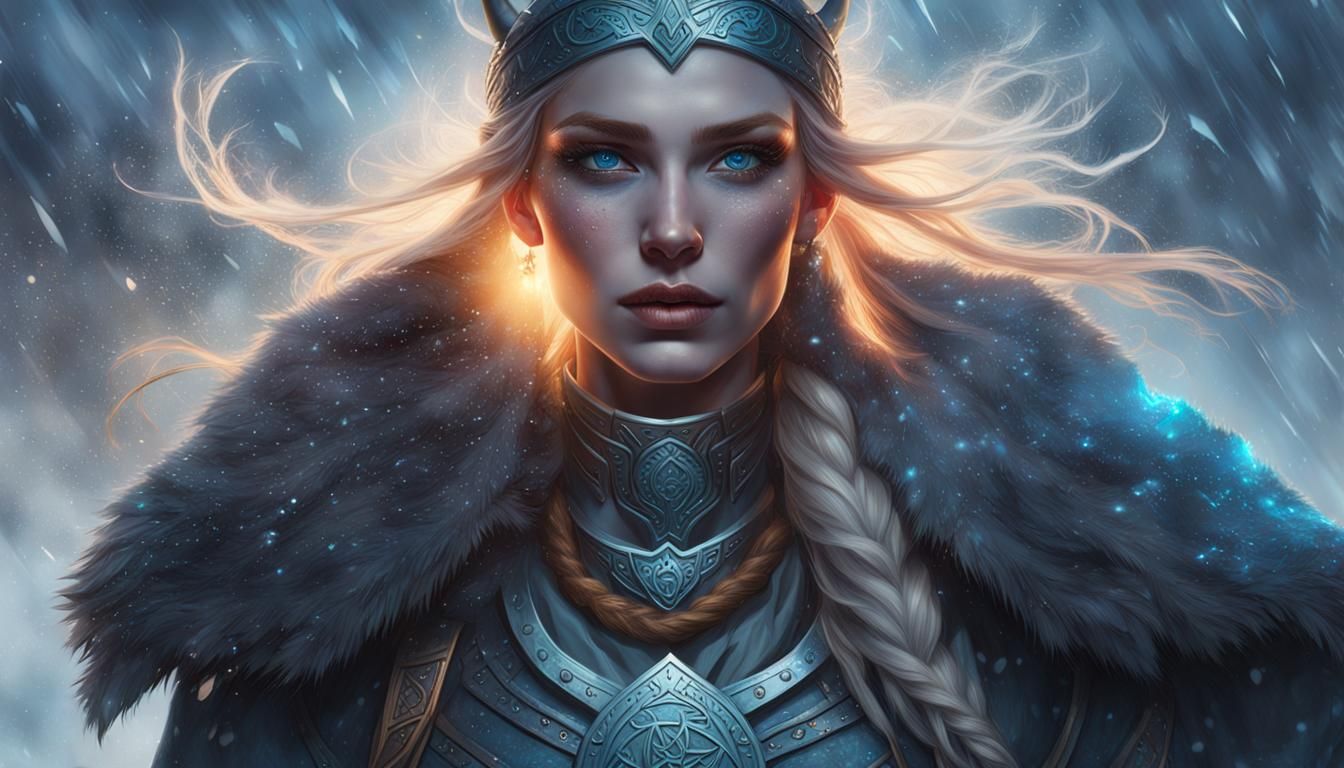 Very beautiful young Viking woman surrounded by blizzard and blue magic ...