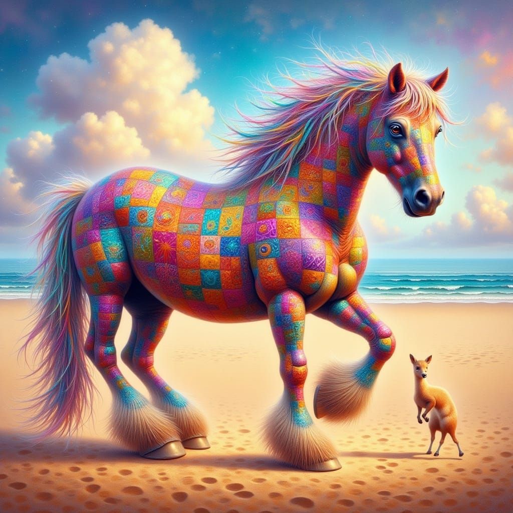 <lora:FiosFantasyGlow:1.0> Kaleidoscopically colorful quilted patchwork full-bodied horse on a tan sandy beach plain. Walrus patchwork color...