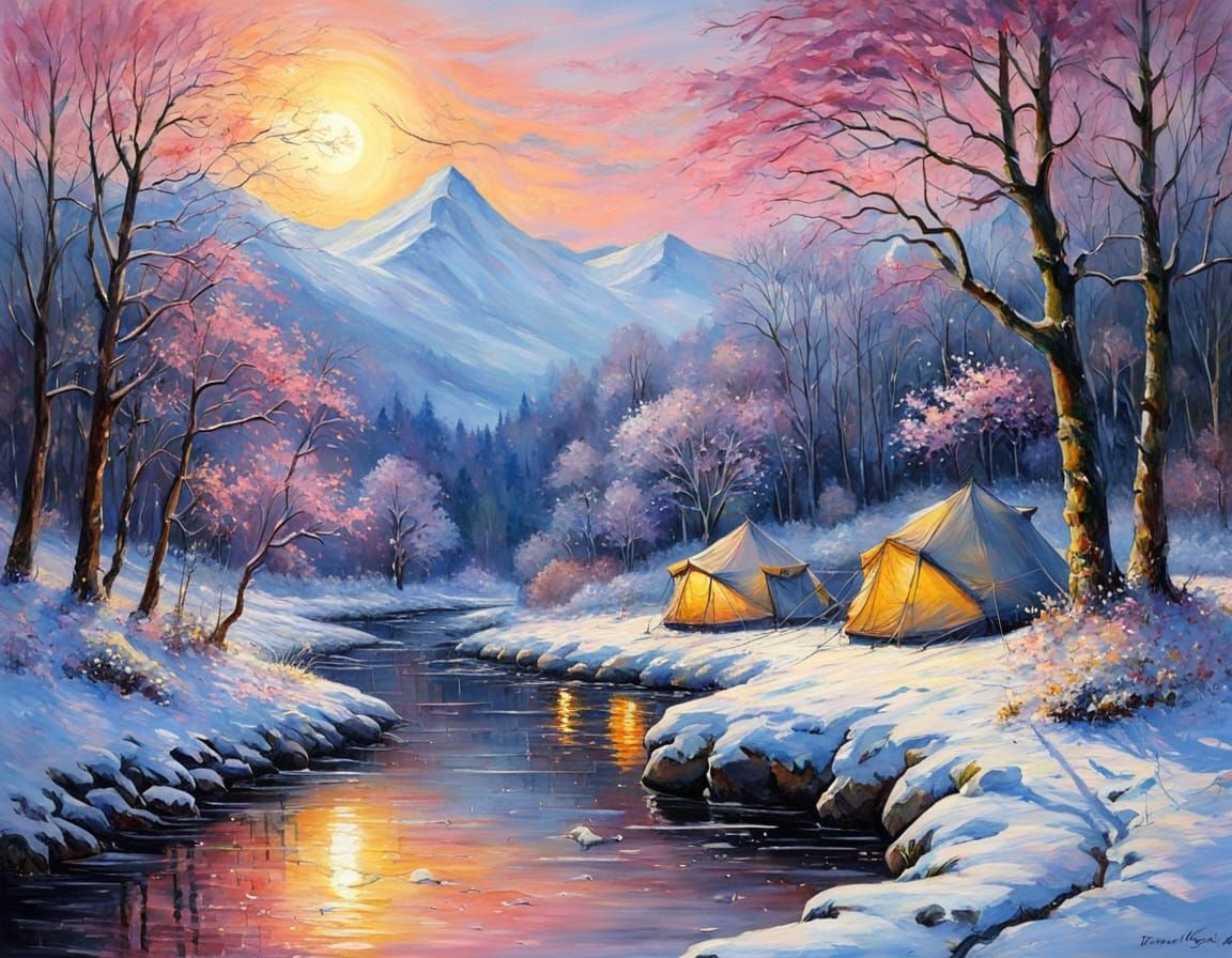 A painting by Johan Jongkind, kerem beyit, thomas kinkade cfg A digital art of people camping in the ...  by @Spearmint