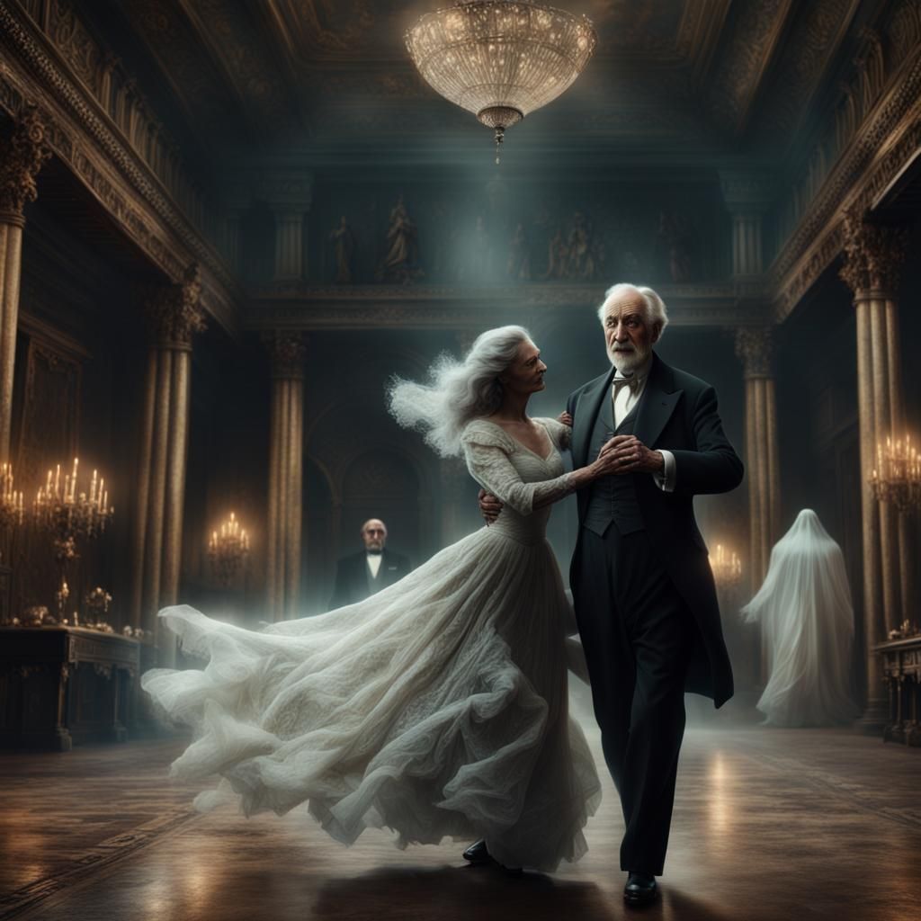 Handsome older gentleman waltzing with ghost of deceased wif...