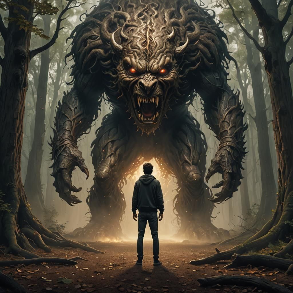 A young man facing off with the manifestation of fear