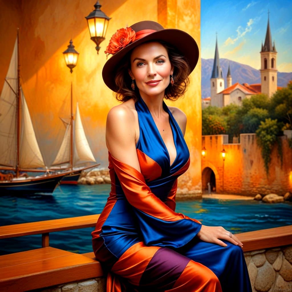 Charming Lady Portrait with Sailboats, in Style of Karol Bak